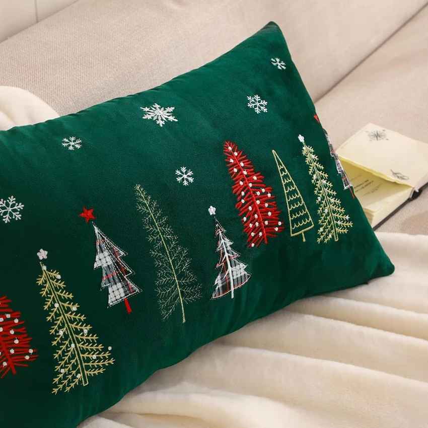 Cozy Velvet Tree Embroidery Green Pillows with Filler | Set of 2 | 6 x 10 inches