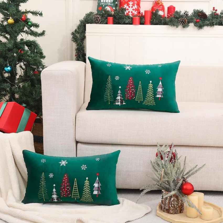 Cozy Velvet Tree Embroidery Green Pillows with Filler | Set of 2 | 6 x 10 inches