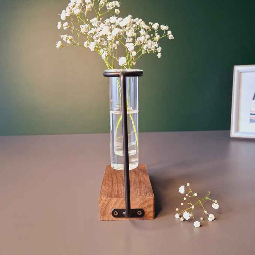 Modern Clear & Brown Glass Test Tube Pot with Wooden Stand Without Plant | Pack of 3