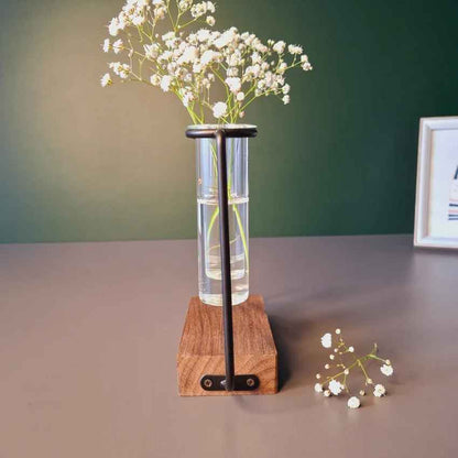 Modern Clear & Brown Glass Test Tube Pot with Wooden Stand Without Plant | Pack of 3