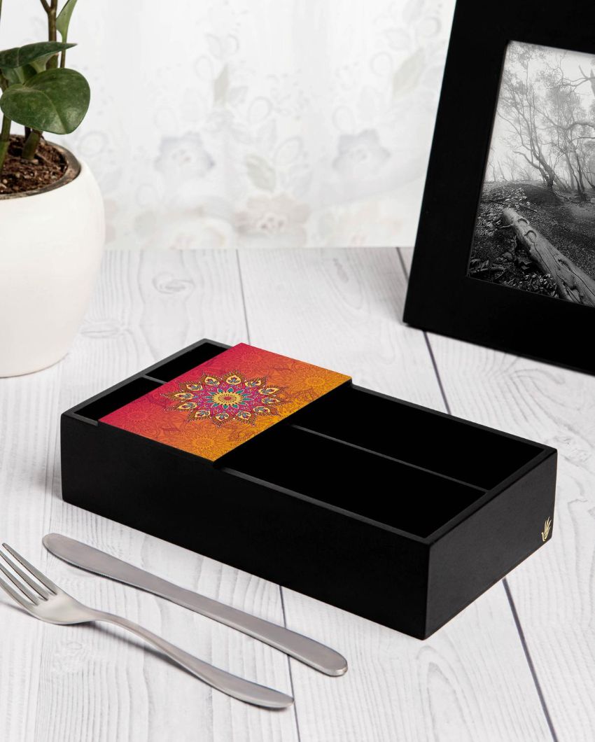 Elegant Mandala Design Black Cutlery Holder | 9 x 5 x 2 inches