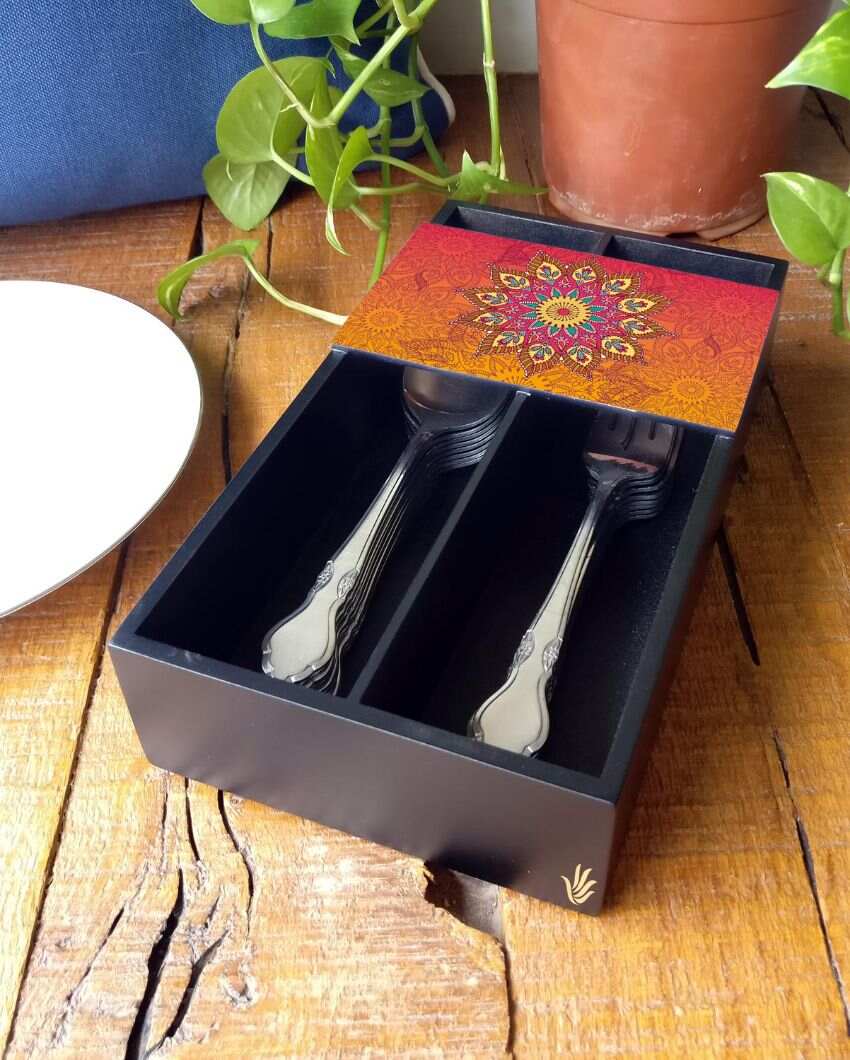 Elegant Mandala Design Black Cutlery Holder | 9 x 5 x 2 inches