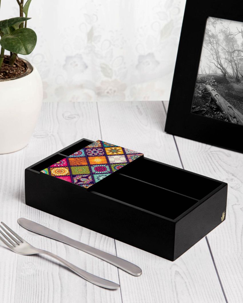 Classic Mandala Design Black Cutlery Holder | 9 x 5 x 2 inches