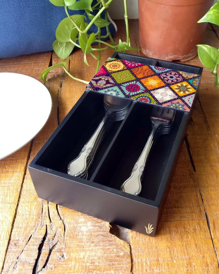 Classic Mandala Design Black Cutlery Holder | 9 x 5 x 2 inches