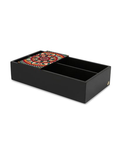 Vibrant Red Mandala Design Black Cutlery Holder | 9 x 5 x 2 inches