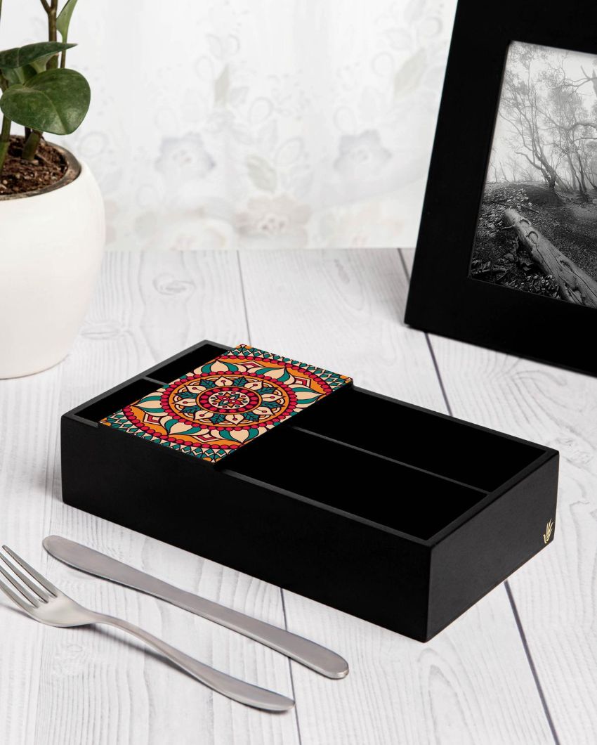 Vibrant Red Mandala Design Black Cutlery Holder | 9 x 5 x 2 inches