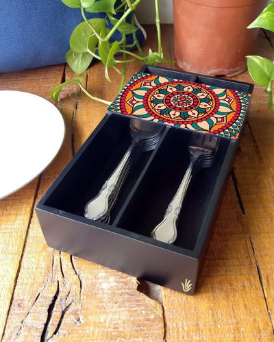 Vibrant Red Mandala Design Black Cutlery Holder | 9 x 5 x 2 inches