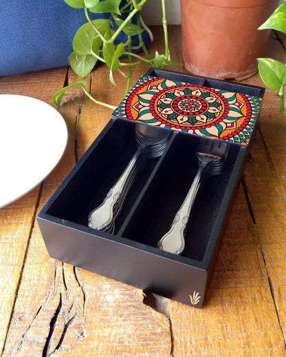 Vibrant Red Mandala Design Black Cutlery Holder | 9 x 5 x 2 inches