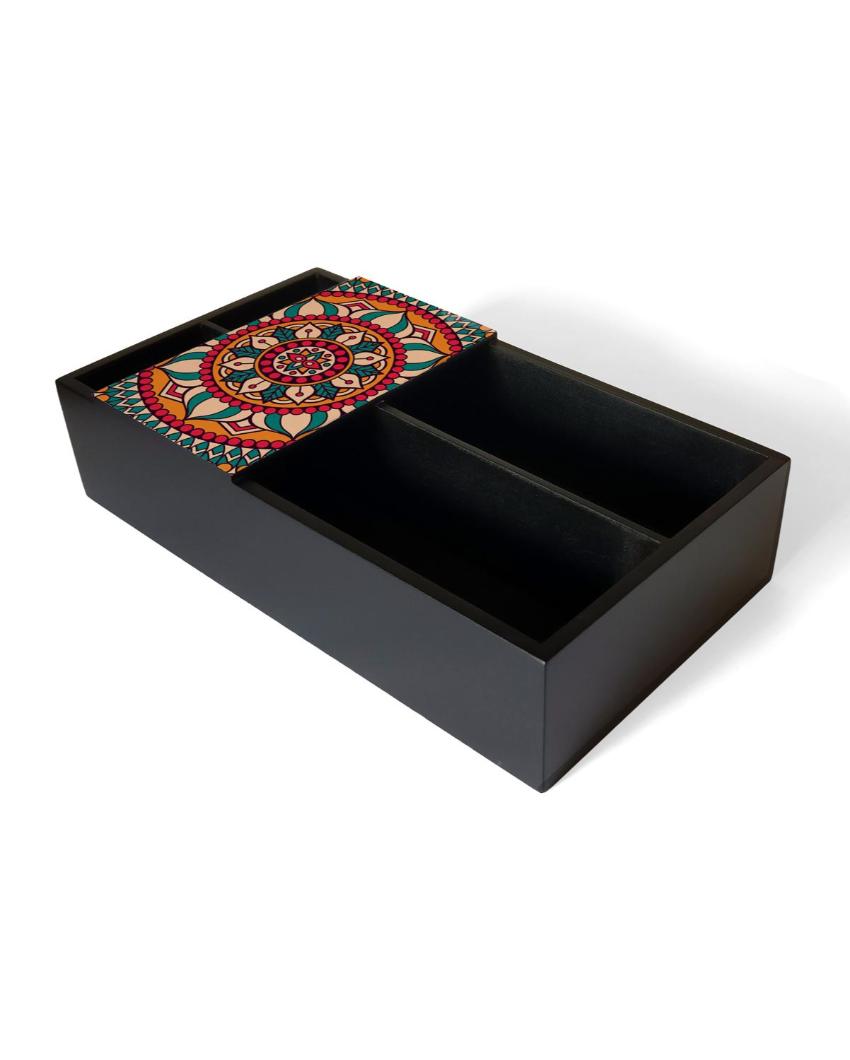 Vibrant Red Mandala Design Black Cutlery Holder | 9 x 5 x 2 inches