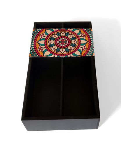 Vibrant Red Mandala Design Black Cutlery Holder | 9 x 5 x 2 inches