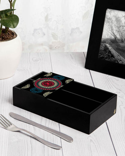 Timeless Mandala Design Black Cutlery Holder | 9 x 5 x 2 inches