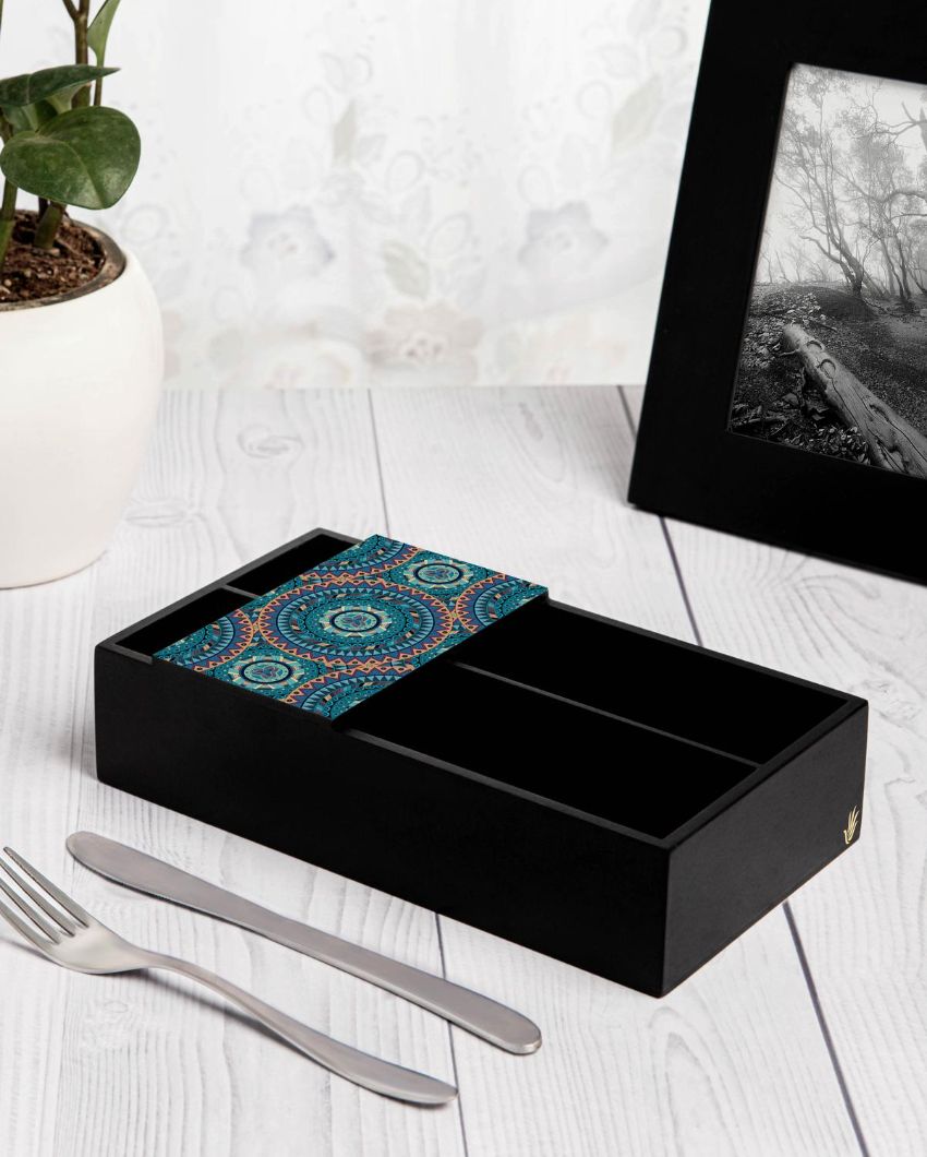 Sophisticated Mandala Design Black Cutlery Holder | 9 x 5 x 2 inches