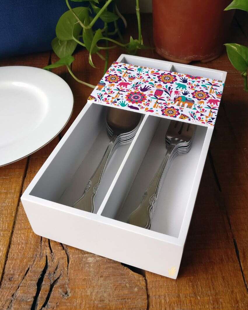 Traditional India Design White Cutlery Holder | 9 x 5 x 2 inches