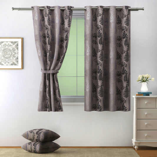 Grey Polyster Floral Design Curtains | 5 Ft, 7 Ft, 9 Ft | Set of 2