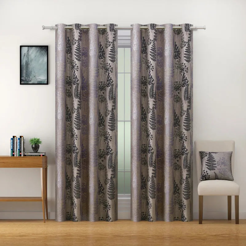 Grey Polyster 80% Blackout Floral Design |5 Ft, 7 Ft, 9 Ft | Set of 2 Door(7ft)