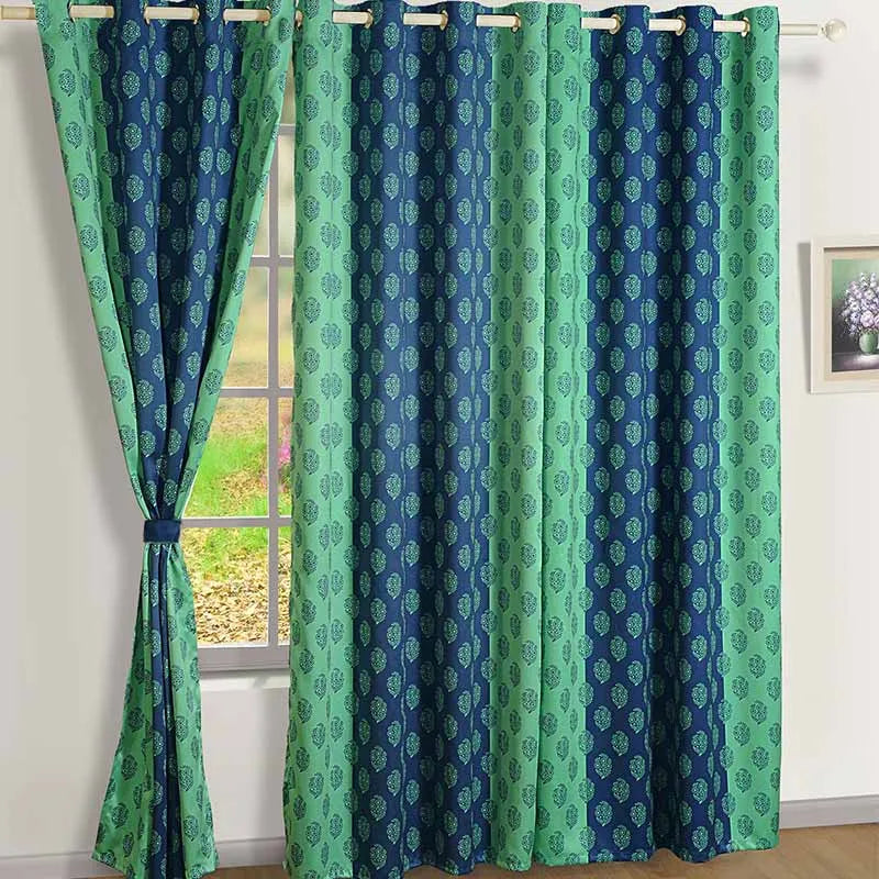 Blue & Green Solid Design Polyester Curtains | Set of 2 | Window, Door, Long Door | 5ft , 7ft , 9ft