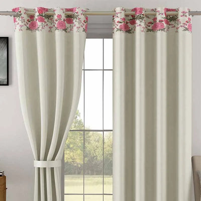 Ivory Solid Floral Design Polyester Curtains | Set of 2 | 5ft , 7ft , 9ft