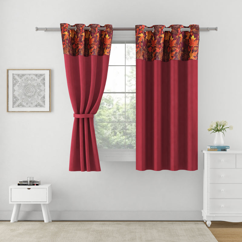 Maroon Polyster Blackout Solid Leaf Design | 5 Ft, 7 Ft, 9 Ft | Set of 2 Window(5ft)