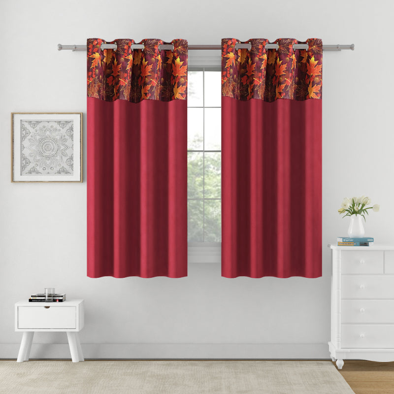 Maroon Polyster Blackout Solid Leaf Design | 5 Ft, 7 Ft, 9 Ft | Set of 2 Window(5ft)