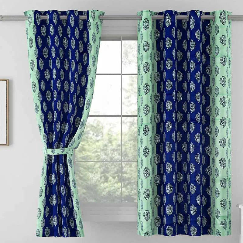 Blue & Green Solid Design Polyester Curtains | Set of 2 | Window, Door, Long Door | 5ft , 7ft , 9ft