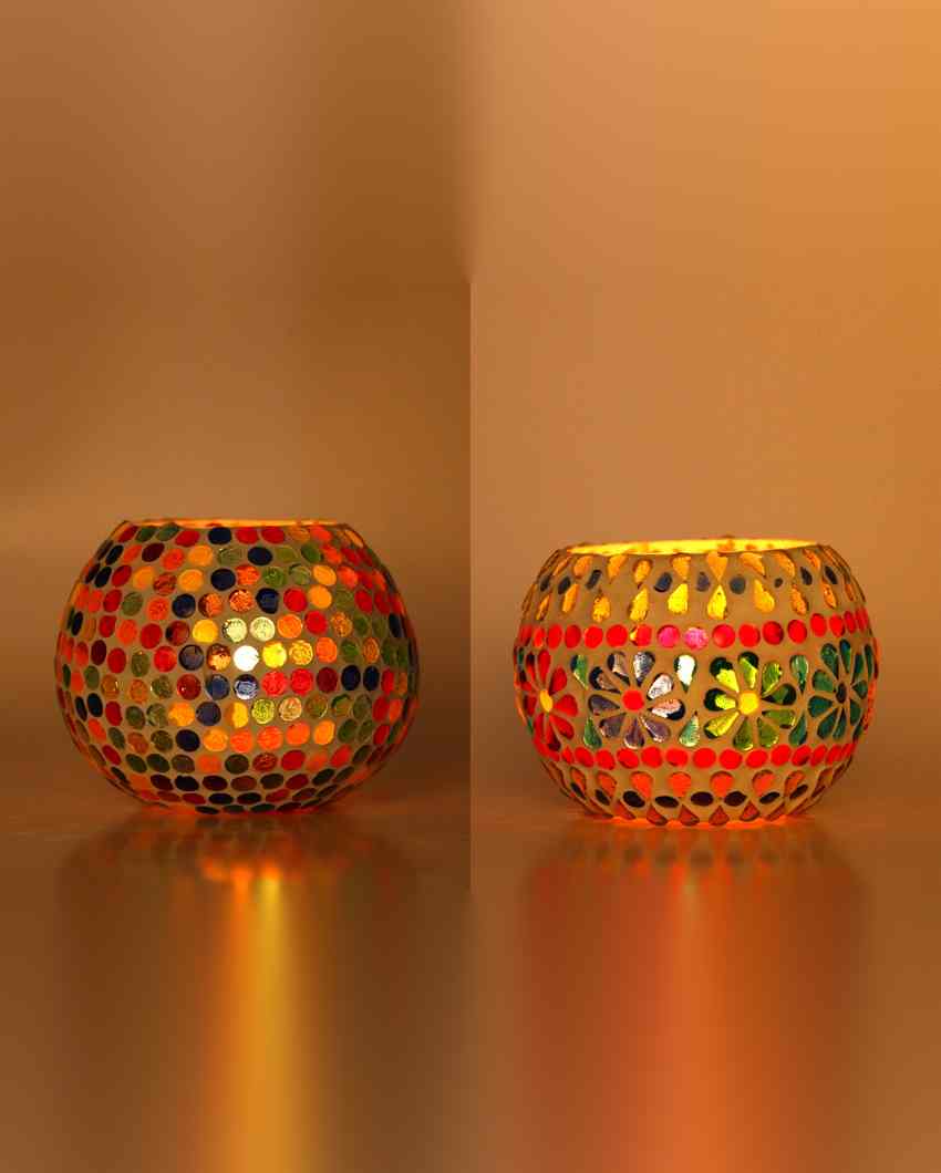 Lit Candle Night Dinner Colorful Glass Tea Light Holders | Set Of 2