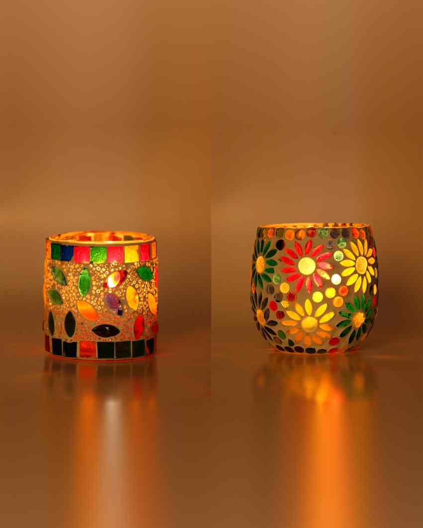 Dynamic Candle Night Dinner Colorful Glass Tea Light Holders | Set Of 2