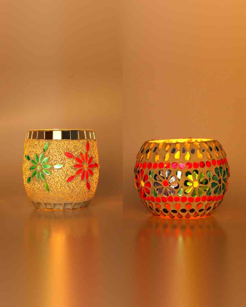 Smart Candle Night Dinner Colorful Glass Tea Light Holders | Set Of 2