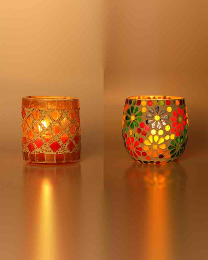 Trendy Candle Night Dinner Colorful Glass Tea Light Holders | Set Of 2