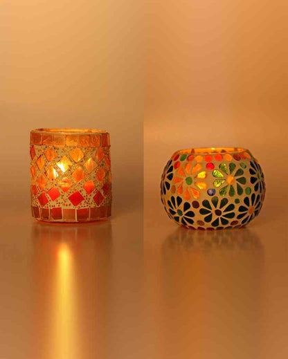 Curated Candle Night Dinner Colorful Glass Tea Light Holders | Set Of 2