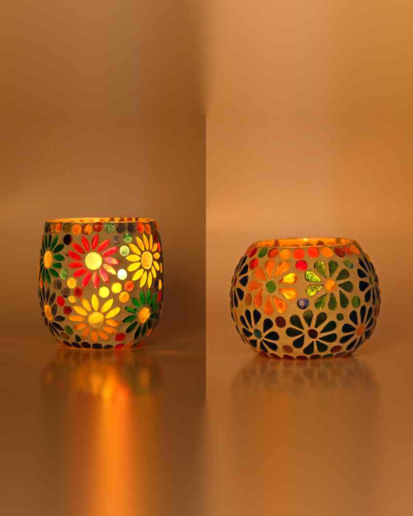 Intuitive Candle Night Dinner Colorful Glass Tea Light Holders | Set Of 2