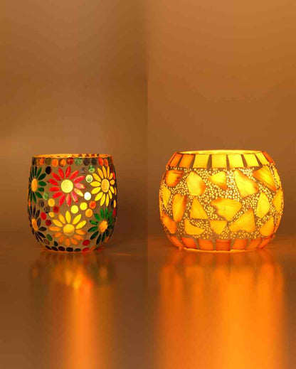 Modernist Candle Night Dinner Colorful Glass Tea Light Holders | Set Of 2