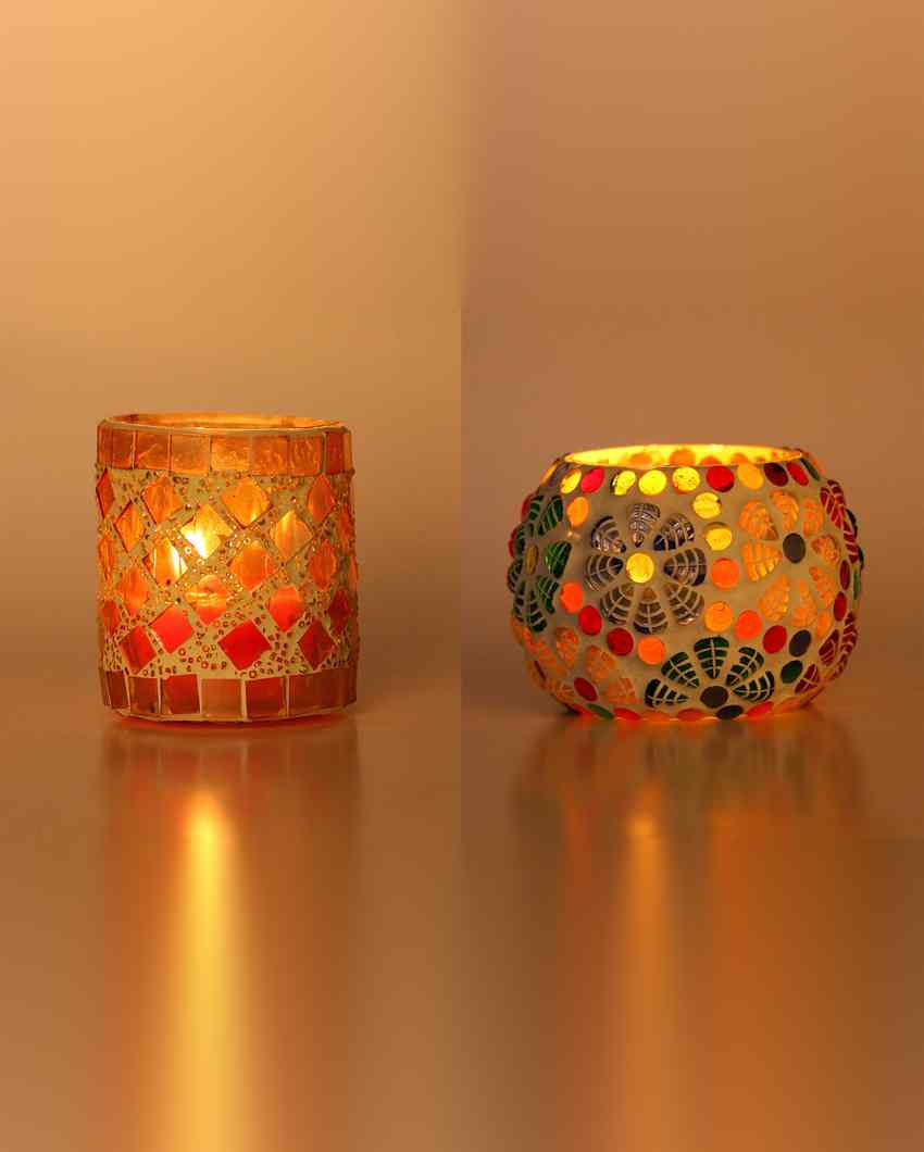 Streamlined Candle Night Dinner Colorful Glass Tea Light Holders | Set Of 2