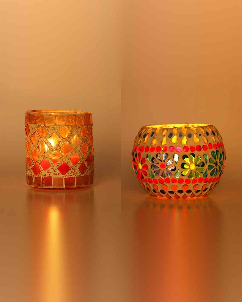 Innovative Candle Night Dinner Colorful Glass Tea Light Holders | Set Of 2