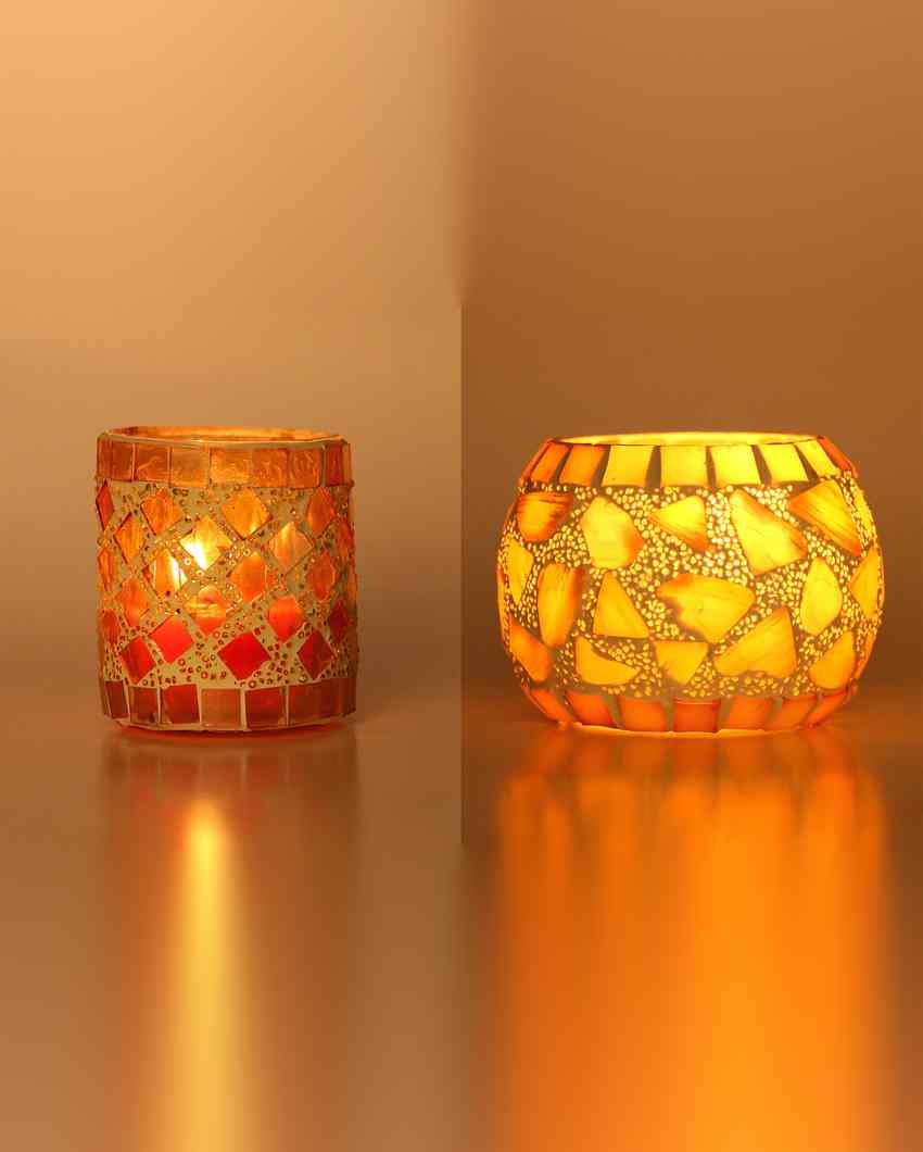 Modish Candle Night Dinner Colorful Glass Tea Light Holders | Set Of 2