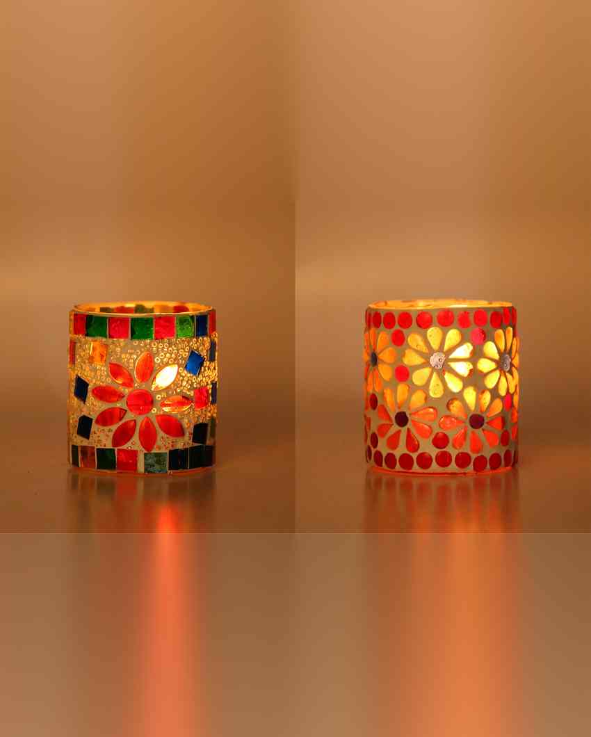 Authentic Candle Night Dinner Colorful Glass Tea Light Holders | Set Of 2