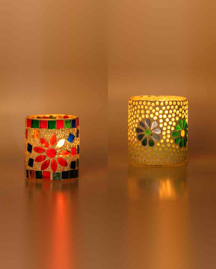 Conceptual Candle Night Dinner Colorful Glass Tea Light Holders | Set Of 2