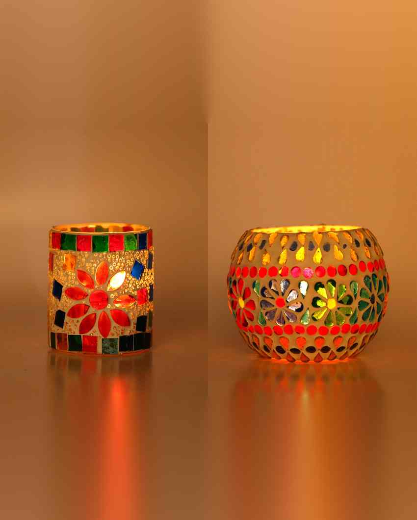 Global Candle Night Dinner Colorful Glass Tea Light Holders | Set Of 2