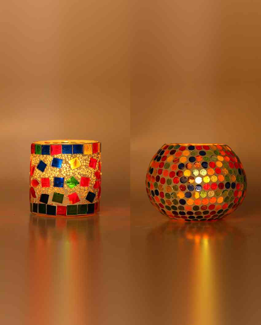 Stylized Candle Night Dinner Colorful Glass Tea Light Holders | Set Of 2