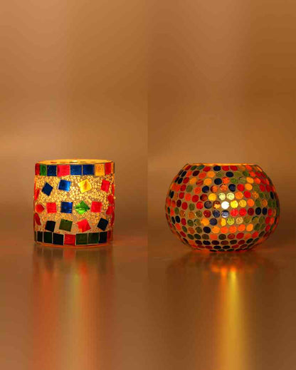 Stylized Candle Night Dinner Colorful Glass Tea Light Holders | Set Of 2