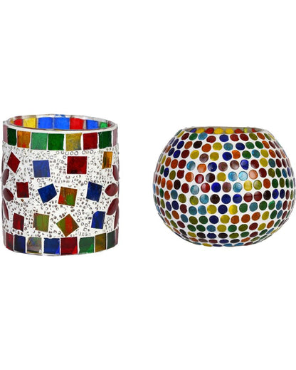 Stylized Candle Night Dinner Colorful Glass Tea Light Holders | Set Of 2