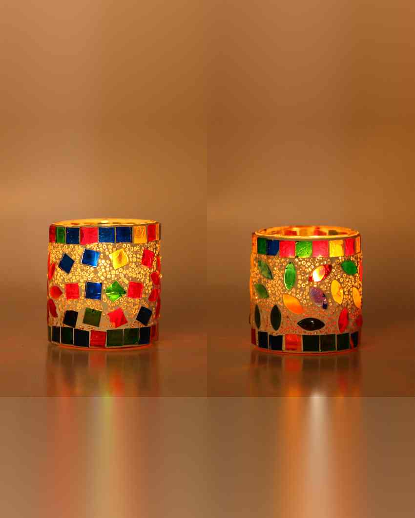 Holographic Candle Night Dinner Colorful Glass Tea Light Holders | Set Of 2