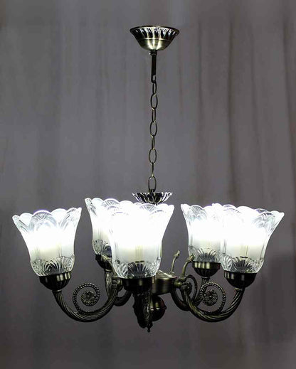 Modern Metal Fitting Five Glass Shade Chandelier Jhoomer | 17 x 17 x 16 inches