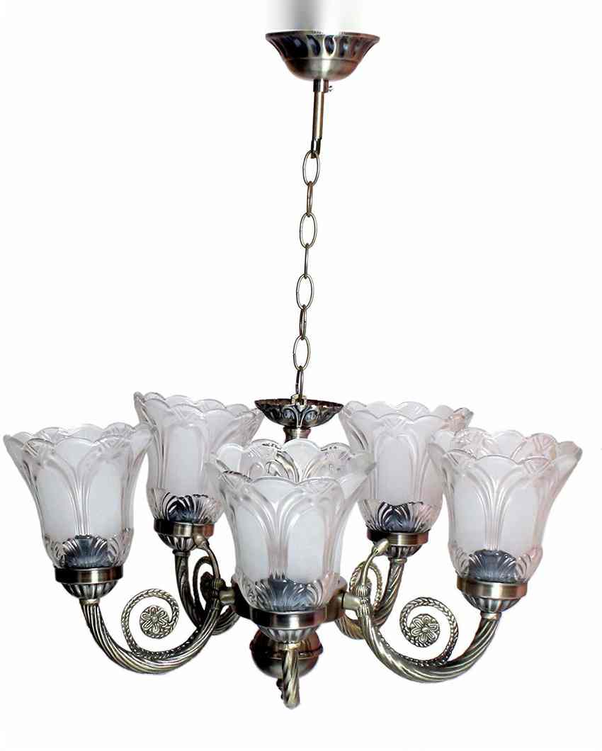 Modern Metal Fitting Five Glass Shade Chandelier Jhoomer | 17 x 17 x 16 inches