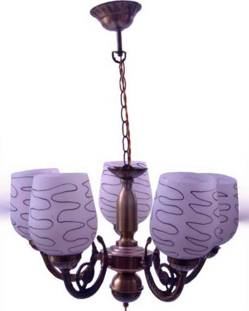 Art Deco Metal Fitting Five Glass Shade Chandelier Jhoomer | 17 x 17 x 16 inches