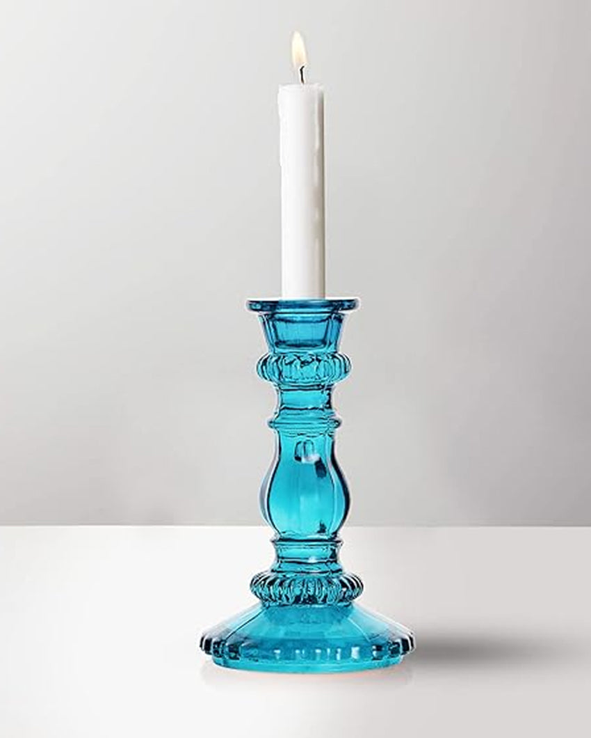 Antique Blue Glass Candle Stand | 3 x 1.5 x 6 inches