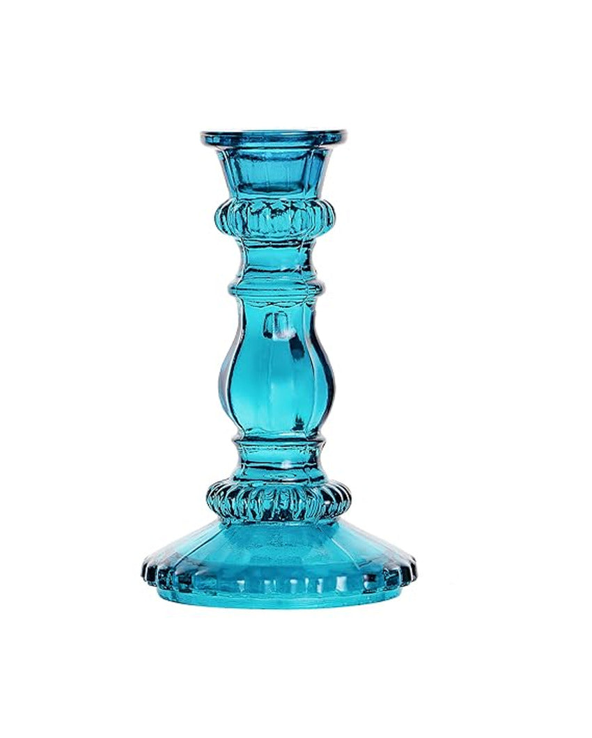 Antique Blue Glass Candle Stand | 3 x 1.5 x 6 inches