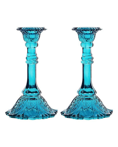 Blue Subtle Shine Glass Candle Holders | Set of 2 | 7 x 4 x 2 inches