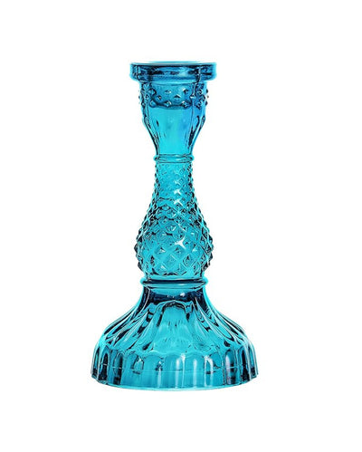 Blue Vintage Style Antique Glass Candle Holder | 7 x 3 x 2 inches