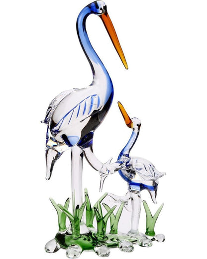 Mother Bird with Chick in Grass Crystal Glass Showpiece | 4 x 2 x 7 inches