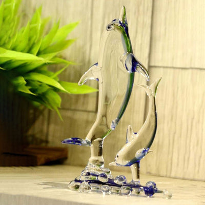 Playful Dolphin with Calf Crystal Glass Showpiece | 4 x 2 x 7 inches